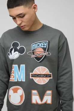 Store boohooMAN Oversized Mickey Mouse Varsity License Print Sweatshirt charcoal
