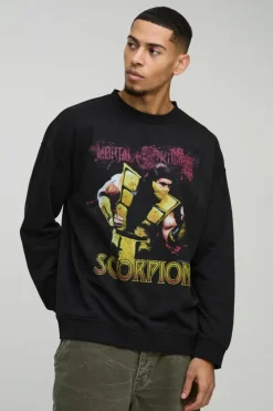 Shop boohooMAN Oversized Mortal Kombat Scorpion License Print Sweatshirt black