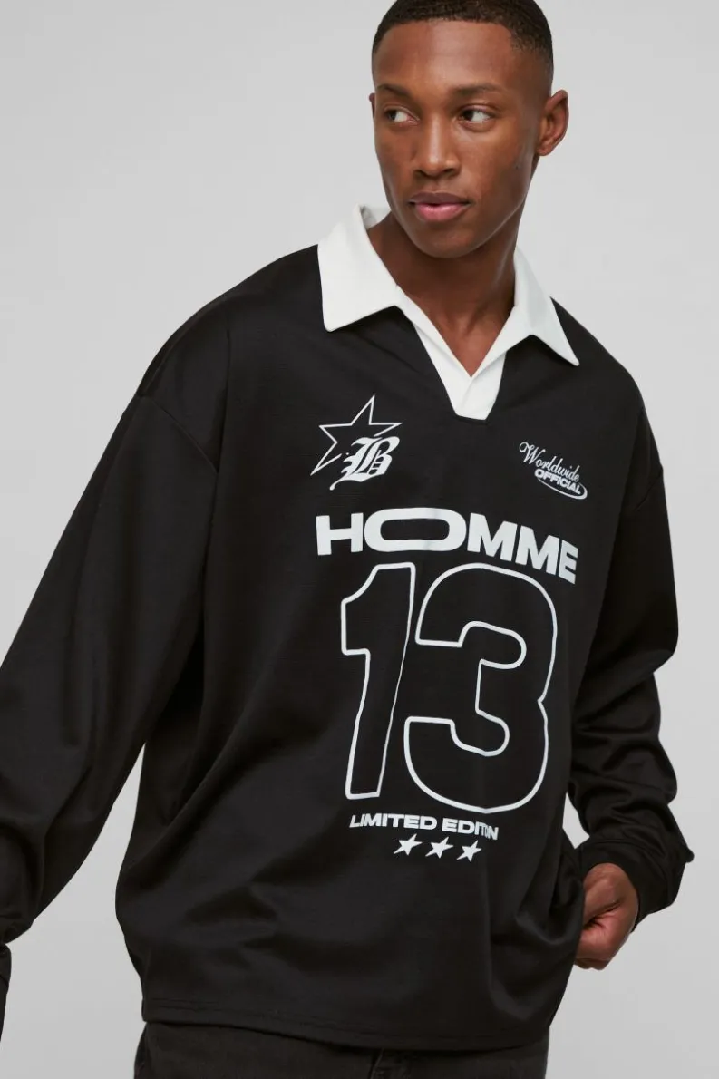 Fashion boohooMAN Oversized Moto Graphic Long Sleeve Rugby Polo black