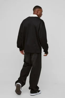 Fashion boohooMAN Oversized Moto Graphic Long Sleeve Rugby Polo black