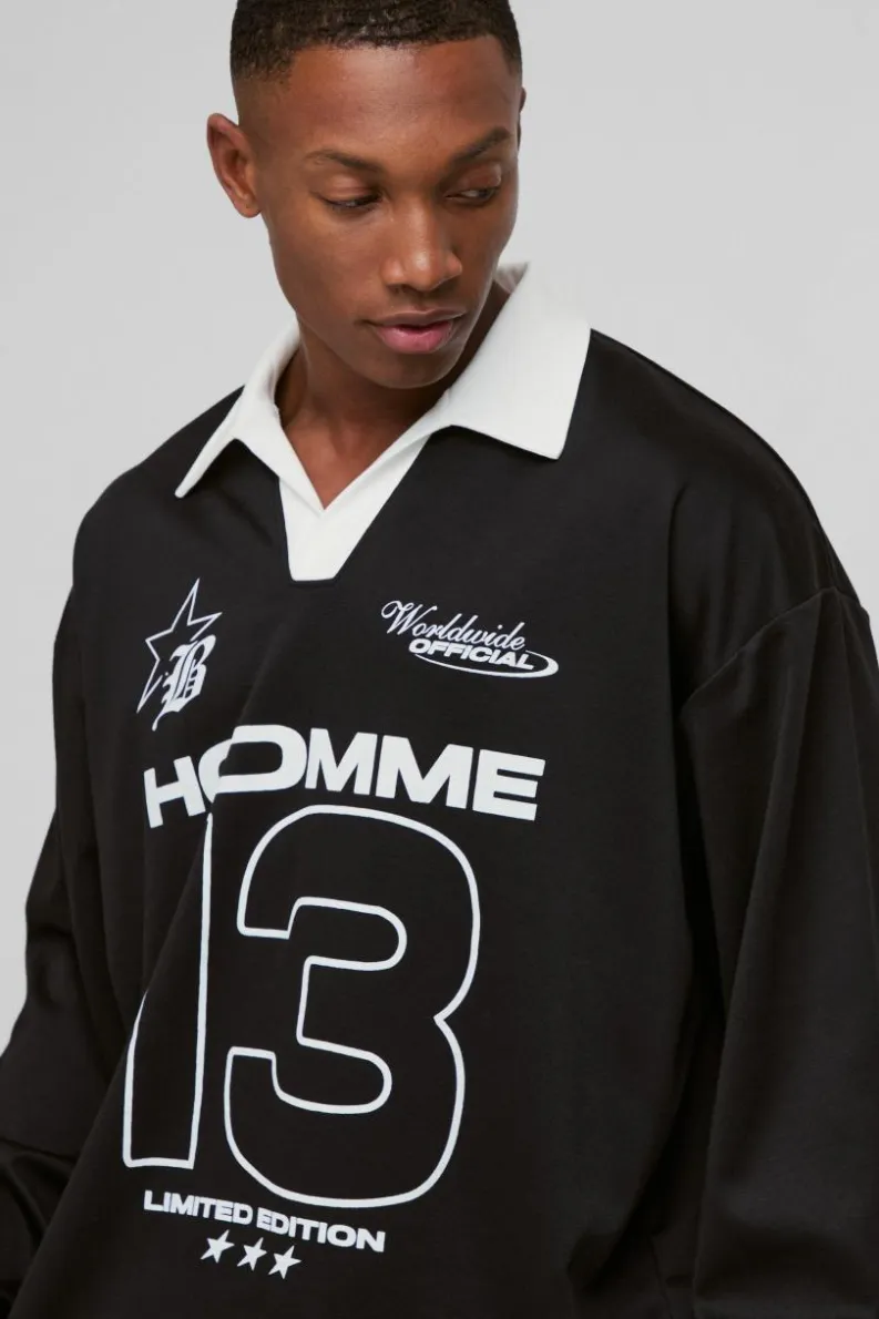 Fashion boohooMAN Oversized Moto Graphic Long Sleeve Rugby Polo black