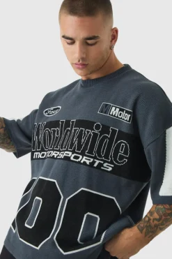 Store boohooMAN Oversized Moto 100 Knitted T-Shirt black