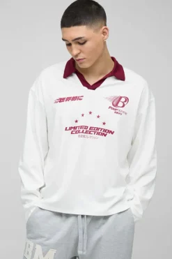 Shop boohooMAN Oversized Moto Long Sleeve Rugby Polo ecru