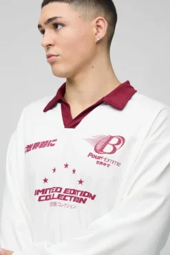 Shop boohooMAN Oversized Moto Long Sleeve Rugby Polo ecru
