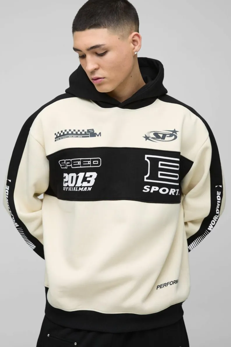 Discount boohooMAN Oversized Moto Panel Hoodie stone