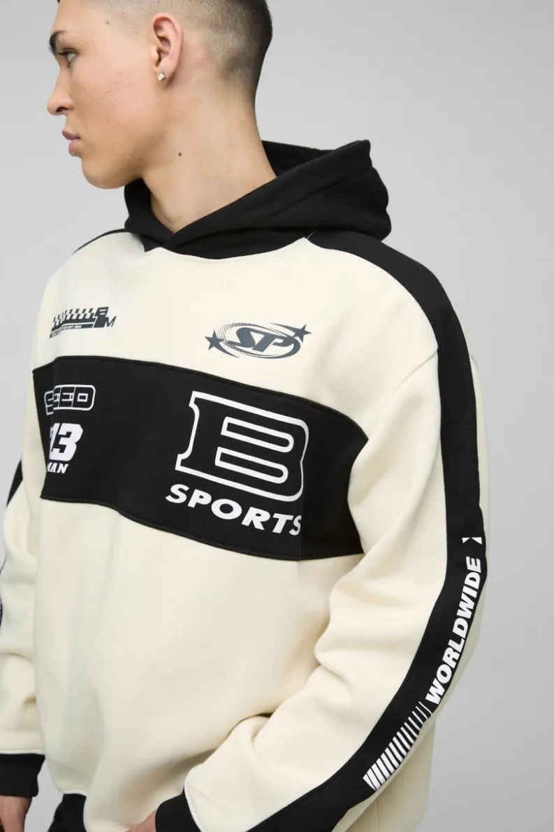 Discount boohooMAN Oversized Moto Panel Hoodie stone