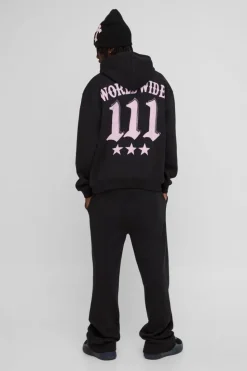 Shop boohooMAN Oversized Moto Puff & Diamante Print Hooded Tracksuit black