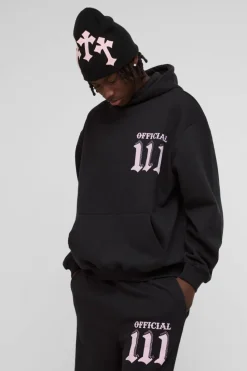Shop boohooMAN Oversized Moto Puff & Diamante Print Hooded Tracksuit black