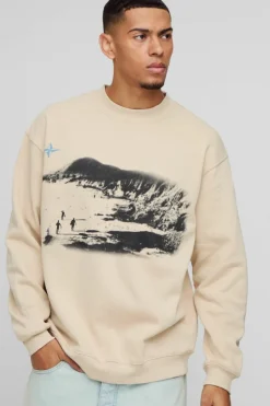 Fashion boohooMAN Oversized Mountain Trek Graphic Sweatshirt sand