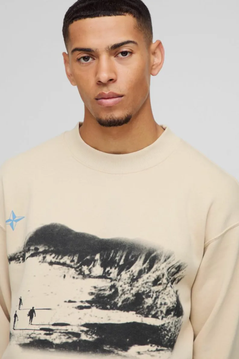 Fashion boohooMAN Oversized Mountain Trek Graphic Sweatshirt sand