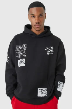 Sale boohooMAN Oversized Multi Placement Graphic Hoodie black