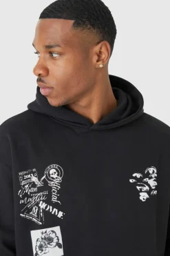 Sale boohooMAN Oversized Multi Placement Graphic Hoodie black
