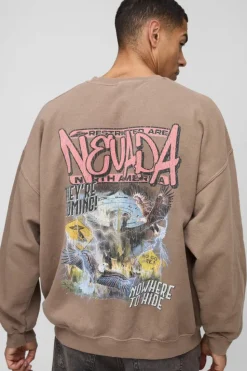Online boohooMAN Oversized Nevada Bird Graphic Washed Sweatshirt stone
