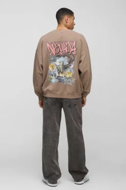 Online boohooMAN Oversized Nevada Bird Graphic Washed Sweatshirt stone