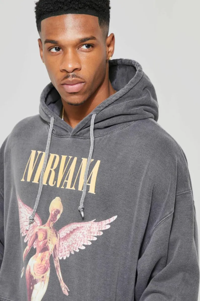Cheap boohooMAN Oversized Nirvana Washed License Hoodie charcoal