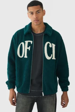 Cheap boohooMAN Oversized Ofcl Boxy Boucle Borg Harrington Jacket forest