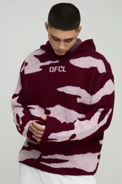 New boohooMAN Oversized Ofcl Camo Raw Edge Knitted Hoodie burgundy