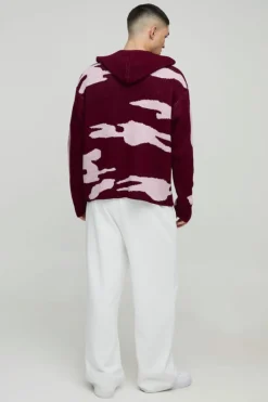 New boohooMAN Oversized Ofcl Camo Raw Edge Knitted Hoodie burgundy