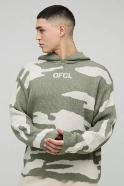 Hot boohooMAN Oversized Ofcl Camo Raw Edge Knitted Hoodie khaki