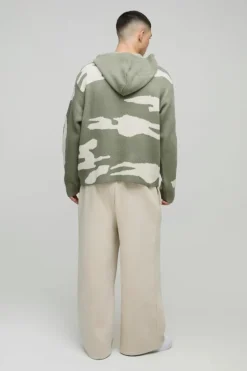 Hot boohooMAN Oversized Ofcl Camo Raw Edge Knitted Hoodie khaki
