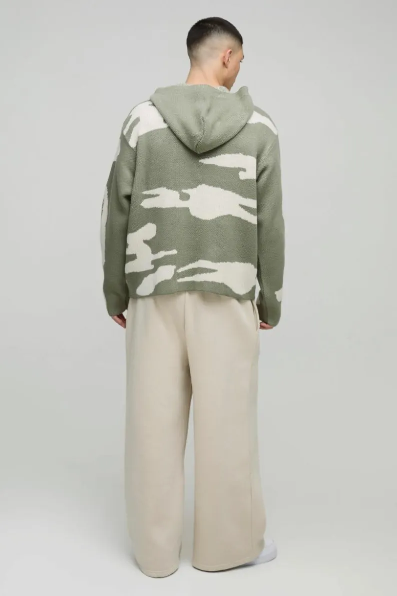 Hot boohooMAN Oversized Ofcl Camo Raw Edge Knitted Hoodie khaki