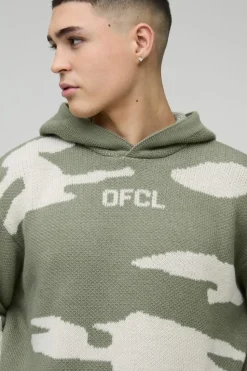 Hot boohooMAN Oversized Ofcl Camo Raw Edge Knitted Hoodie khaki