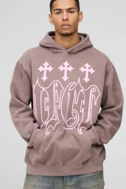 Online boohooMAN Oversized OFCL Cross Graphic Hoodie chocolate