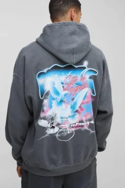 Outlet boohooMAN Oversized OFCL Graffiti Bird Graphic Washed Hoodie charcoal