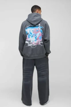 Outlet boohooMAN Oversized OFCL Graffiti Bird Graphic Washed Hoodie charcoal
