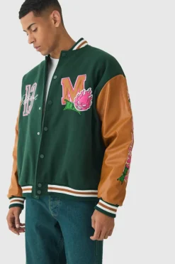 Store boohooMAN Oversized Official Badge Varsity Jacket In green