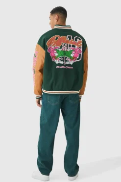 Store boohooMAN Oversized Official Badge Varsity Jacket In green