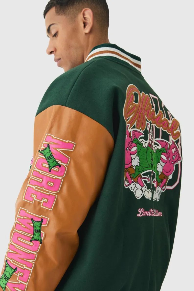 Store boohooMAN Oversized Official Badge Varsity Jacket In green