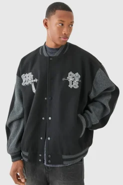 Outlet boohooMAN Oversized Official Colour Block Varsity Jacket In black