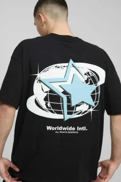 Best boohooMAN Oversized Official Globe Star Print T-Shirt black