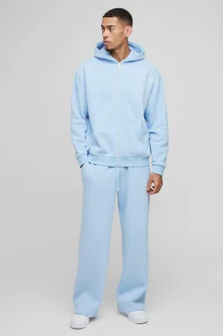 Hot boohooMAN Oversized Official Outline Zip Through Hooded Tracksuit light blue