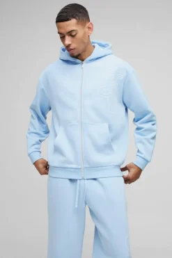 Hot boohooMAN Oversized Official Outline Zip Through Hooded Tracksuit light blue