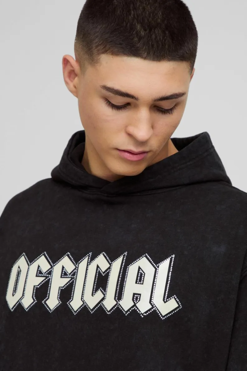 Sale boohooMAN Oversized Official Rhinestone Graphic Hoodie charcoal