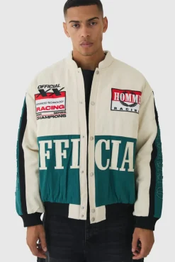 Cheap boohooMAN Oversized Official Twill Padded Moto Jacket In ecru