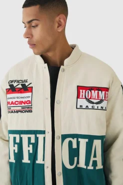 Cheap boohooMAN Oversized Official Twill Padded Moto Jacket In ecru