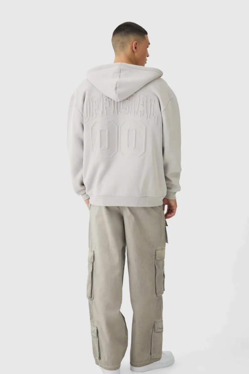 Shop boohooMAN Oversized Official Varsity Embossed Zip Through Hoodie light grey