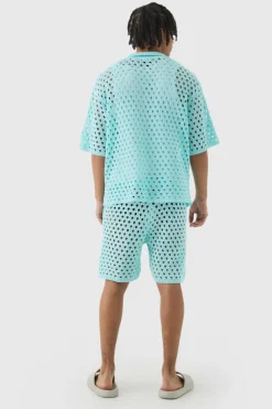Hot boohooMAN Oversized Open Stitch Polo & Short Set light blue