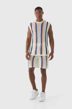Sale boohooMAN Oversized Open Stitch Stripe Knitted Tank Set stone