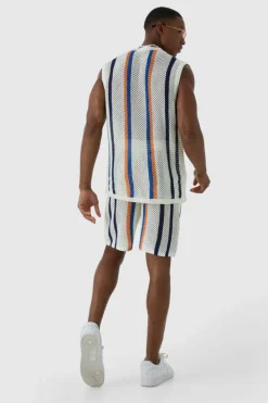 Sale boohooMAN Oversized Open Stitch Stripe Knitted Tank Set stone