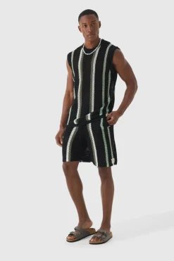 Best Sale boohooMAN Oversized Open Stitch Stripe Knitted Tank Set black