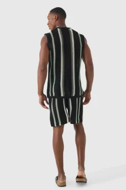 Best Sale boohooMAN Oversized Open Stitch Stripe Knitted Tank Set black