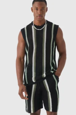 Best Sale boohooMAN Oversized Open Stitch Stripe Knitted Tank Set black