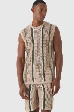 Flash Sale boohooMAN Oversized Open Stitch Stripe Knitted Tank Set taupe