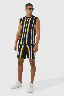 Hot boohooMAN Oversized Open Stitch Stripe Knitted Tank Set black