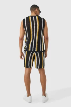 Hot boohooMAN Oversized Open Stitch Stripe Knitted Tank Set black