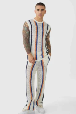 Outlet boohooMAN Oversized Open Stitch Stripe Knitted Tank & Trouser Set stone
